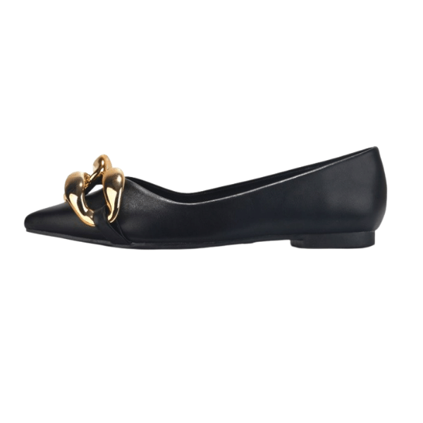 Black Leather Flats with Gold Chain Links - Estella Michelle